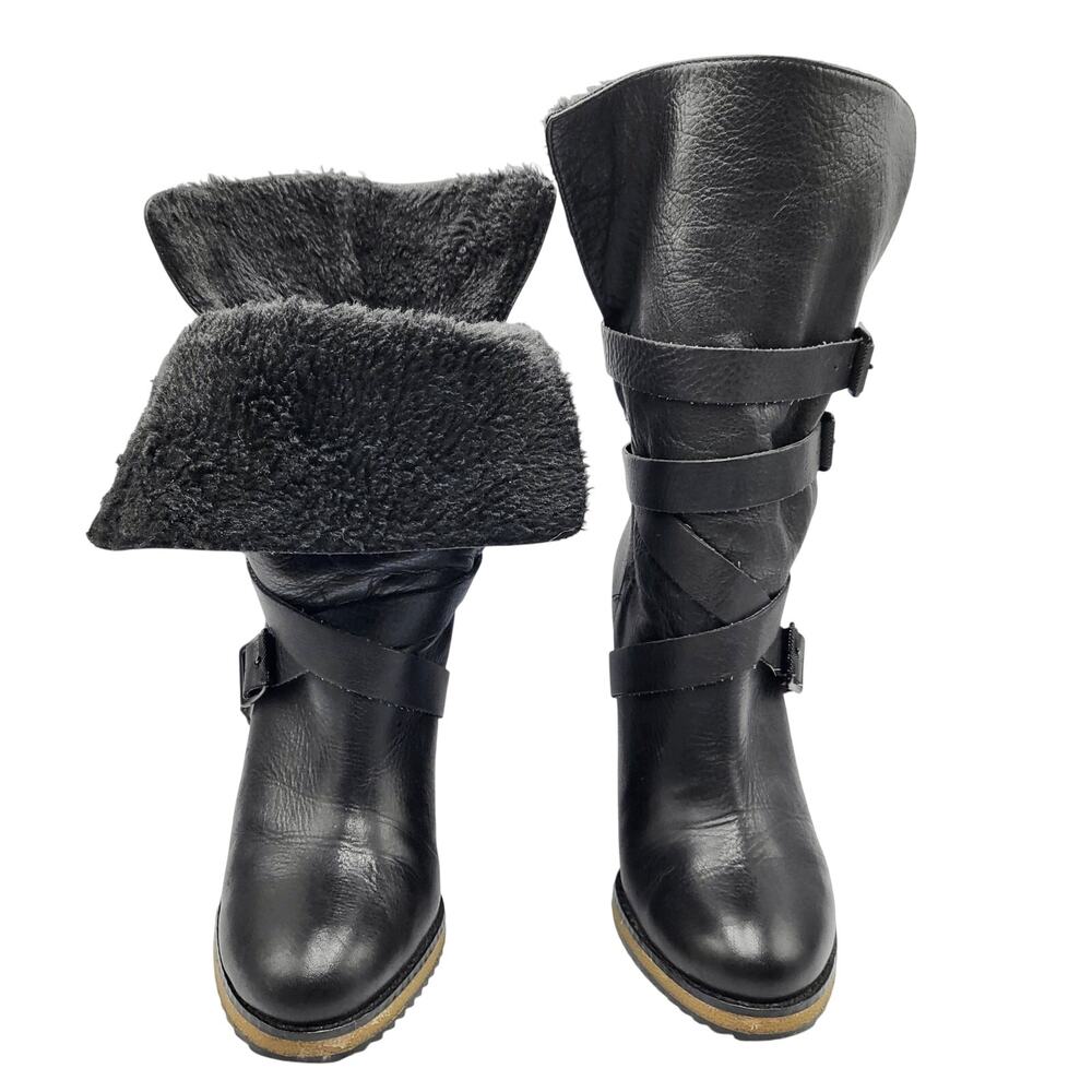 Sam Edelman Teresa Black Leather Wedge Moto Boots Mid Calf Women's Size 8.5 M